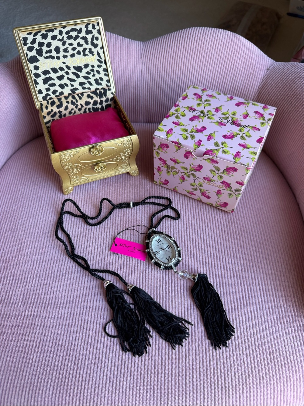 Betsey Johnson Black Tassel Watch Pendant Necklace with Crystal Accents